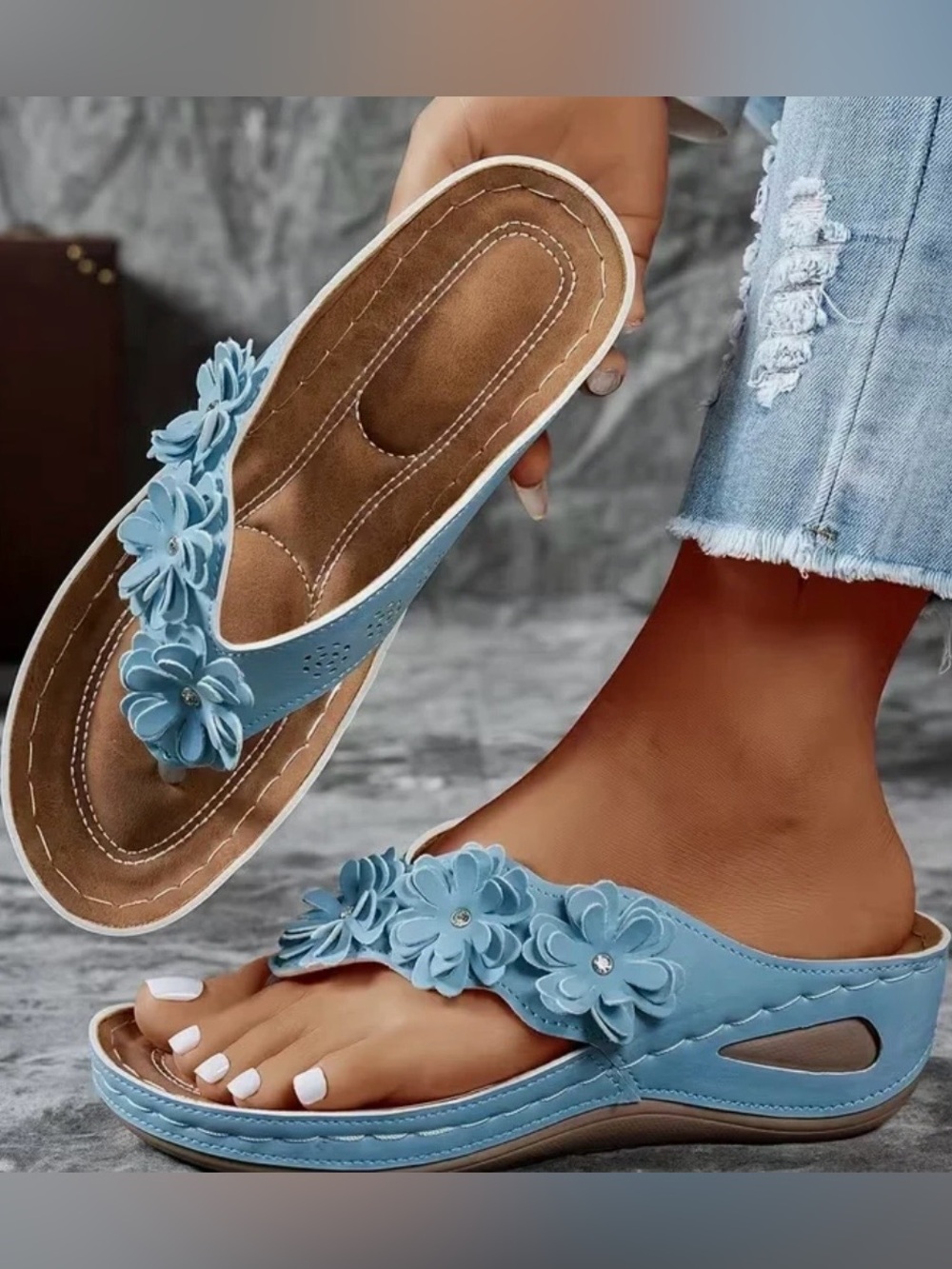 Blue Floral Wedge Thong Sandals - Women